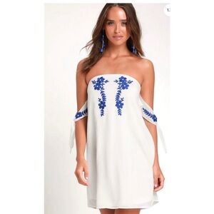 Lulu's Strapless White Mini Dress with Blue Embroidery